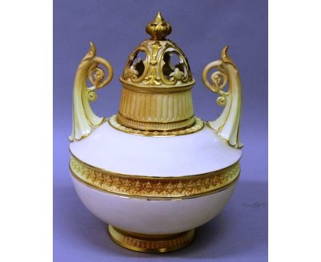 A LARGE ROYAL WORCESTER LIDDED CIRCULAR POT POURRI AND COVER with two handles and pierced lid Pattern No. 1256 12ins high, 9i