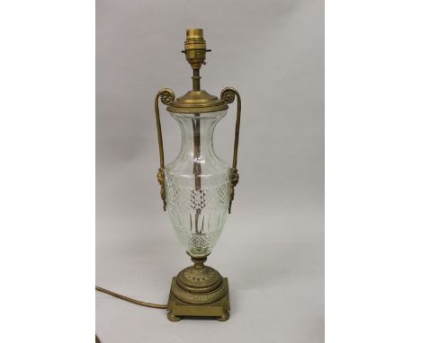 A HOBNAIL CUT URN SHAPED LAMP with ormolu mounts 18ins high.