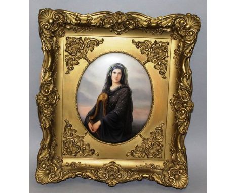 A SUPERB KPM BERLIN OVAL PLAQUE, painting three quarter length of a young girl holding a harp Impressed Sceptre mark and KPM 