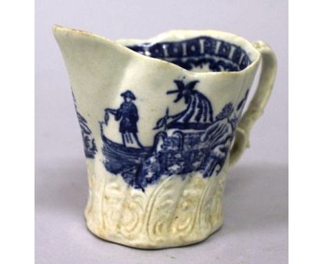 A WORCESTER BLUE AND WHITE MOULDED MILK JUG, fisherman pattern 3.25ins high.