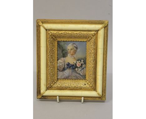 AFTER BOUCHER A GOOD PORTRAIT OF MADAME BERGERET, 8cms x 6cms, in a good ivory and gilt frame.