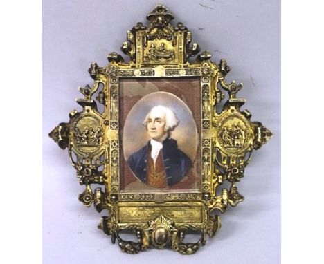 A SUPERB OVAL PORTRAIT MINIATURE OF GEORGE WASHINGTON looking left, wearing a blue velvet jacket, red waistcoat and lace crav