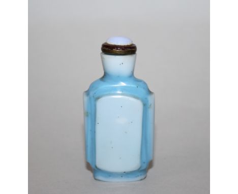 A GOOD 19TH CENTURY CHINESE GLASS SNUFF BOTTLE & OPAL-LIKE STOPPER, of unusual flattened and facetted form, the body of predo