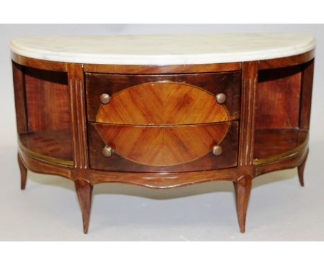 AN APPRENTICES EMPIRE DEMILUNE COMMODE with white marble top, two central drawers with open ends, supported on curving legs 1