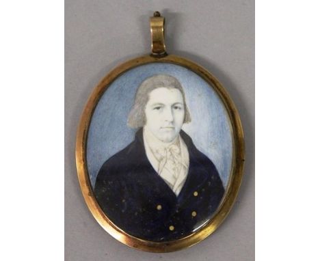 A GEORGIAN OVAL MINIATURE, half length of a gentleman in a blue coat and white cravat Interlaced hair and initials in pearl w