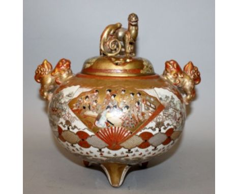 AN EARLY 20TH CENTURY SIGNED JAPANESE KUTANI TRIPOD KORO &amp; COVER, the sides decorated with a variety of fan-form panels a
