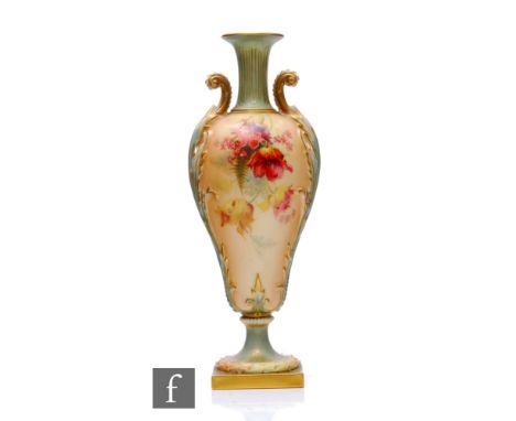 A Royal Worcester blush ivory pedestal vase, circa 1903, of inverse twin handled form, painted with ragged poppies and summer