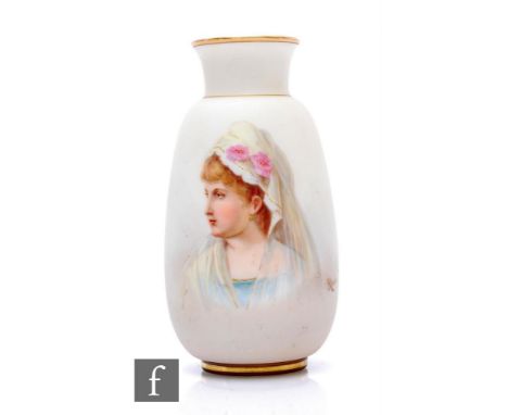 A 19th Century Bohemian opal glass vase by Josef Ahne, of ovoid form with everted rim, hand enamelled with bust portrait of a