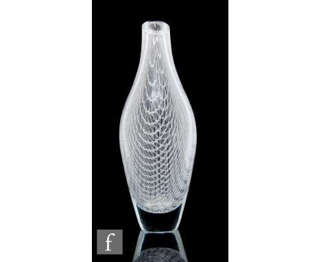 A Harrtil glass vase of swollen ovoid form with asymmetrical rim, internally decorated with opal pulled threads over vertical