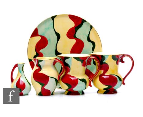 A collection of Hollinshead &amp; Kirkham, H &amp; K Tunstall Art Deco hand painted earthenware, decorated with abstract burg