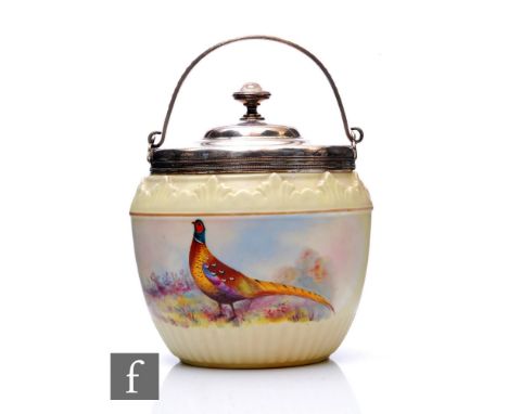 A Locke &amp; Co, Worcester biscuit jar and cover, circa 1907, plated mounts and swing handle, decorated with a cock pheasant