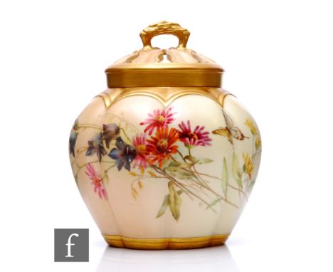 A Royal Worcester blush ivory pot-pourri jar and cover by Edward Raby, circa 1892, of gourd form, with reticulated lid and in