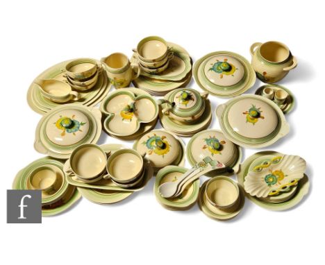 An extensive collection of Clarice Cliff tableware, hand painted with stylised flower heads with green and brown banding, com