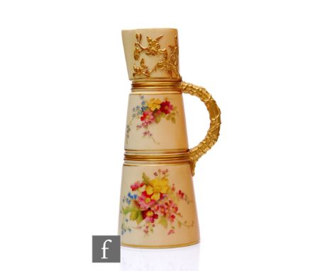 A Royal Worcester blush ivory jug, circa 1907, of tapered form with gilded banding and tendril bound reeded handle, painted w