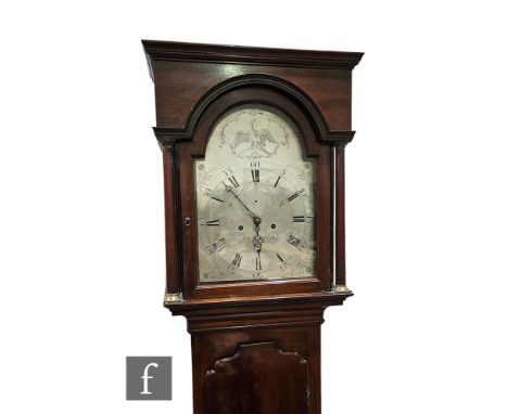 A late 18th Century mahogany longcase clock, the engraved silver arched dial by Charles Penny Bristol, eight day striking mov