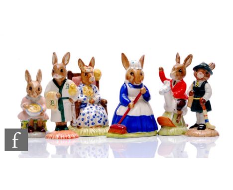 Six Royal Doulton Bunnykins figures, including 'Helping Mother' DB 2, Schooldays DB 57, Bathtime DB 148, Mrs Bunnykins Clean 