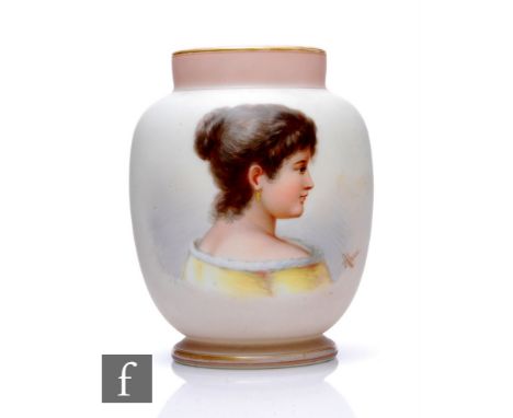 A Bohemian opaline art glass painted vase by Josef Ahne, of ovoid form with drawn collar decorated with a side portrait of a 