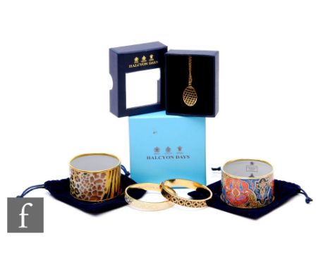 A collection of Halcyon Days enamel jewellery, to include a Charlotte Moss cuff bracelet, boxed, an animal print cuff bracele