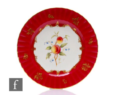 A Royal Worcester fruit plate by Horace Price, circa 1945, of circular form with fluted rim, decorated with a fruiting peach 