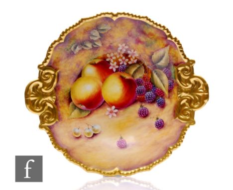 A large porcelain fallen fruit painted bowl by Brian Cox (Royal Worcester artist), circa 1980, shaped circular form with gadr