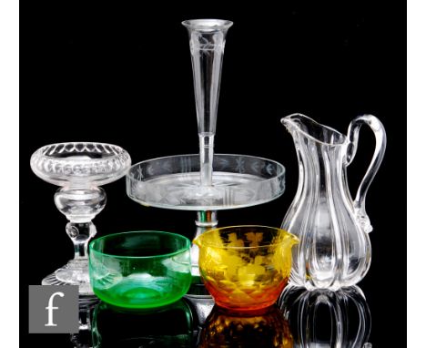 A collection of 19th Century and later glass, to include an Art Deco table centre epergne with one trumpet and engraved decor