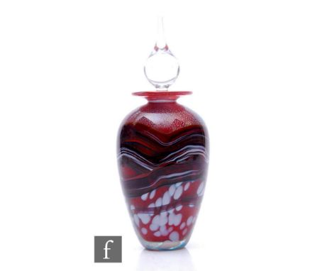 A contemporary Jonathan Harris studio glass scent bottle, of ovoid form with flat rim, internally decorated with a multicolou