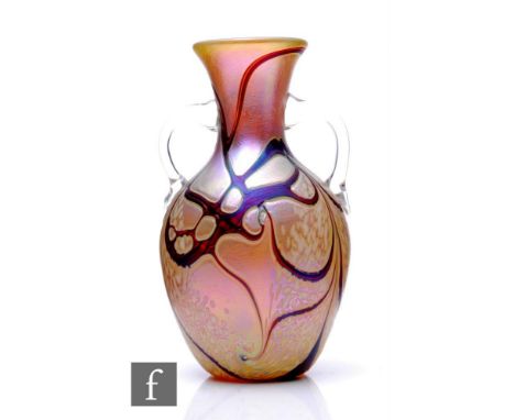 A contemporary Richard P. Golding studio glass vase, of ovoid form with flared neck and applied clear crystal twin handles, t