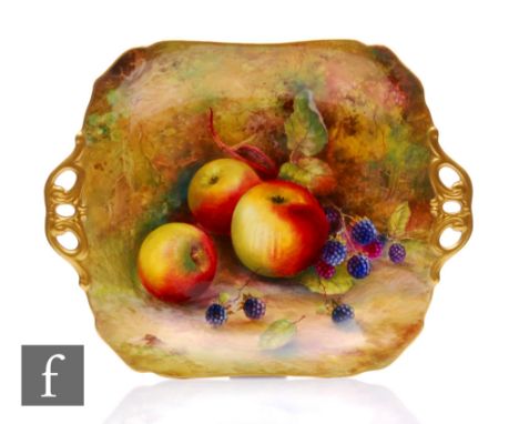 A Royal Worcester fallen fruit painted cabinet plate by Reginald Austin, circa 1929, of square form with gilded reticulated h
