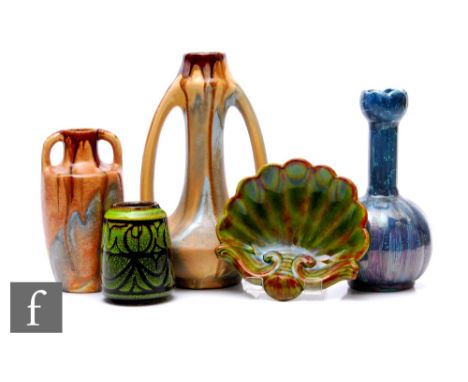 A Belgian Art Deco vase of winged bottle form, streaked aqua blue and brown glaze over buff ground, height 24cm, a similar ex