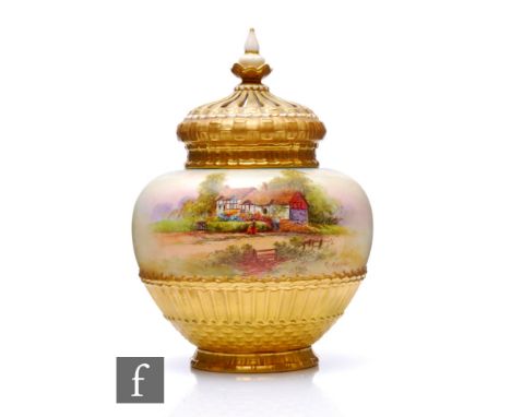 A Royal Worcester pot pourri jar and cover by Raymond Rushton, circa 1930, of shouldered form, the lower quarter with gilded 