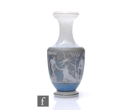 A Richardsons vitrified enamel glass vase, of footed ovoid form with collar neck and wide rim, decorated with a scene of clas