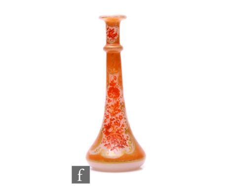 A late 19th Richardsons glass vase of tapering form with ring to neck, the pale opal body panel decorated with roses and flow