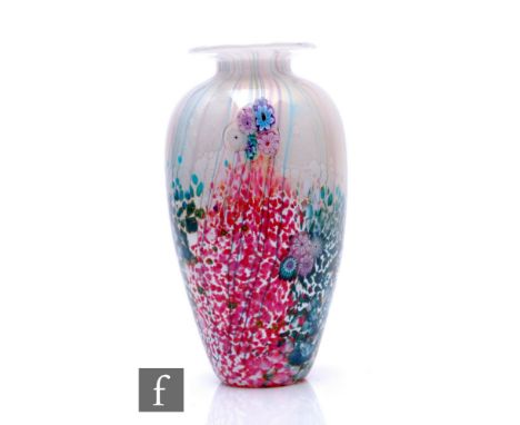 A contemporary Jonathan Harris studio glass Wilderness opal vase of elongated ovoid form with flared flat rim, decorated with