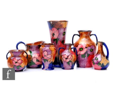 A collection of Hollinshead &amp; Kirkham, H &amp; K Tunstall Art Deco hand painted poppy pattern earthenware, to include a c