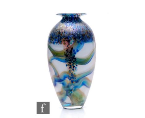 A contemporary Jonathan Harris studio glass Grande Opal Monet Amphora vase of shouldered and tapered flattened form with flar