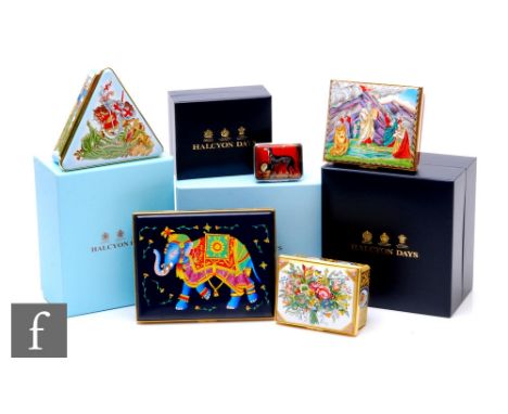 A collection of five Halcyon Days enamel boxes, to include 'The Ten Commandments, 8cm x 9cm, boxed, 'St George &amp; The Drag