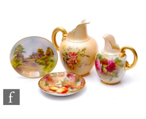 A collection of Royal Worcester porcelain, to include a rose painted flatback jug, circa 1918, decorated with pink flowerhead