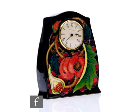 A Moorcroft pottery 'Queen's Choice' pattern mantel clock designed by Emma Bossons, circa 2000, tubelined decorated with frui