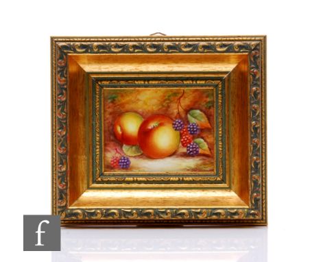 A porcelain Still life study of fallen fruit, on naturalistic ground, indistinctly signed, 7cm x 9cm,&nbsp;R Poole (20th Cent