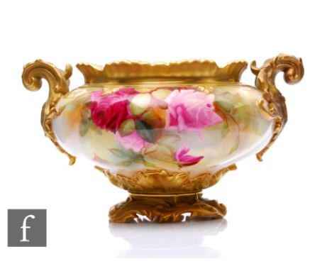 A Royal Worcester rose painted pedestal rose bowl, circa 1912, of circular form with twin scroll handles, on foliate moulded 