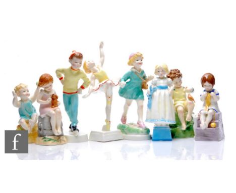Eight Royal Worcester figures modelled by Freda Doughty, Days of the Week, Monday to Sunday inclusive, Thursday's child model