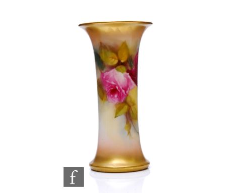 A Royal Worcester rose painted vase by Kitty Blake, circa 1918, of cylindrical flared form, decorated tonal pink flowerheads 