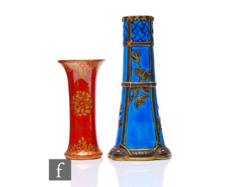 A Royal Worcester aesthetic movement blue glazed vase, circa 1860, relief moulded trellis and leafing branch over turquoise g