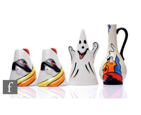 A collection of Lorna Bailey limited edition pottery, including a ghost conical sugar shaker, height 13.5cm, a baluster form 