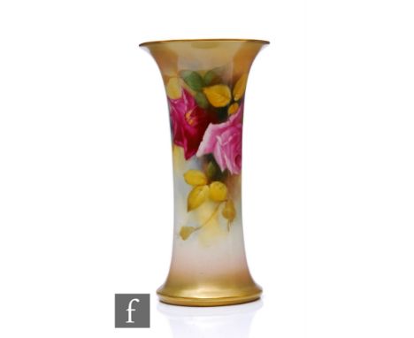 A Royal Worcester rose painted vase by Millie Hunt, circa 1918, of cylindrical flared form, decorated tonal pink flowerheads 