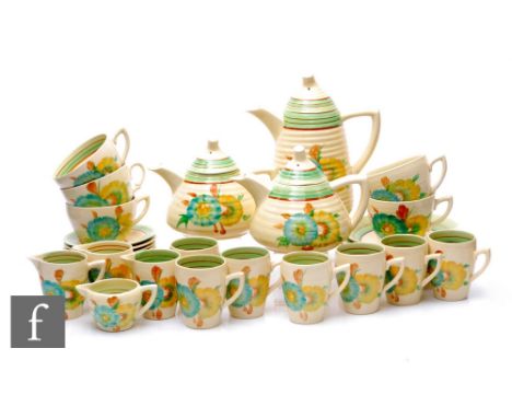 A Clarice Cliff Lynton shape part coffee set, hand painted with stylised flower heads and green and brown banding over cream 