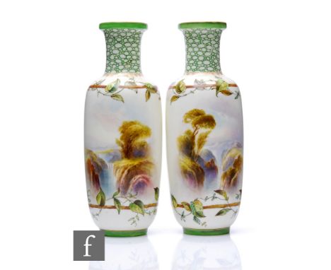 A pair of Royal Worcester landscape painted vases by Raymond Rushton, circa 1912, bottle form, decorated with waterfalls in m