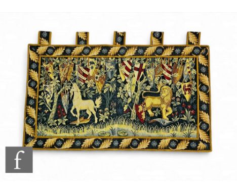 A woven wall tapestry panel after William Morris from the Knights of the Round Table, Unicorn, Lion &amp; Shields, with certi