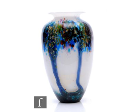 A contemporary Jonathon Harris studio glass Winter Tree amphora vase of elongated ovoid form with flared rim, decorated with 