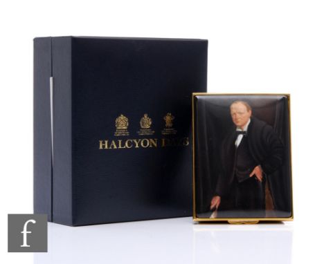 A Halcyon Days limited edition, the cover decorated with a portrait of Winston Churchill, after by original by Sir William Ne